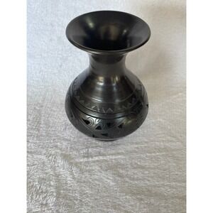 Oaxacan Barro Style Black Clay Hand Carved Cutout Pottery Vase 5 Inch Mexico